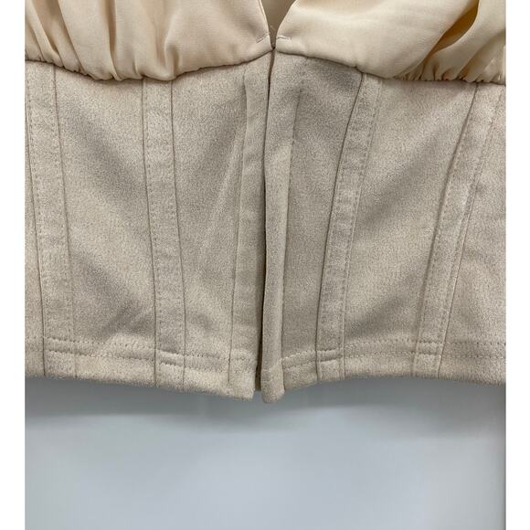 Love X Design Womens Crop Blouse Top Lantern Sleeves V-Neck Tan Beige NEW Medium - Picture 2 of 9